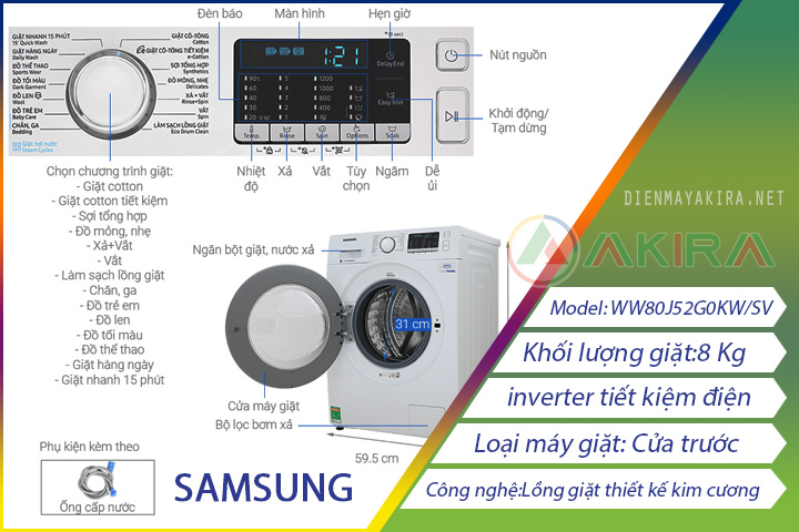 Thông số kỹ thuật máy giặt SamSung ww80j52g0kw/sv