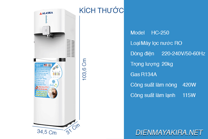 Thông số kỹ thuật máy nước uống nóng lạnh alaska hc-250