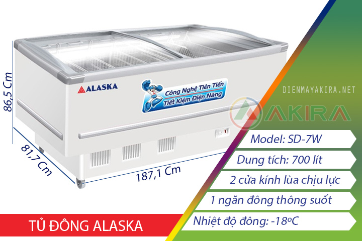 Thông số kỹ thuật tủ đông mặt kính alaska SD-7w